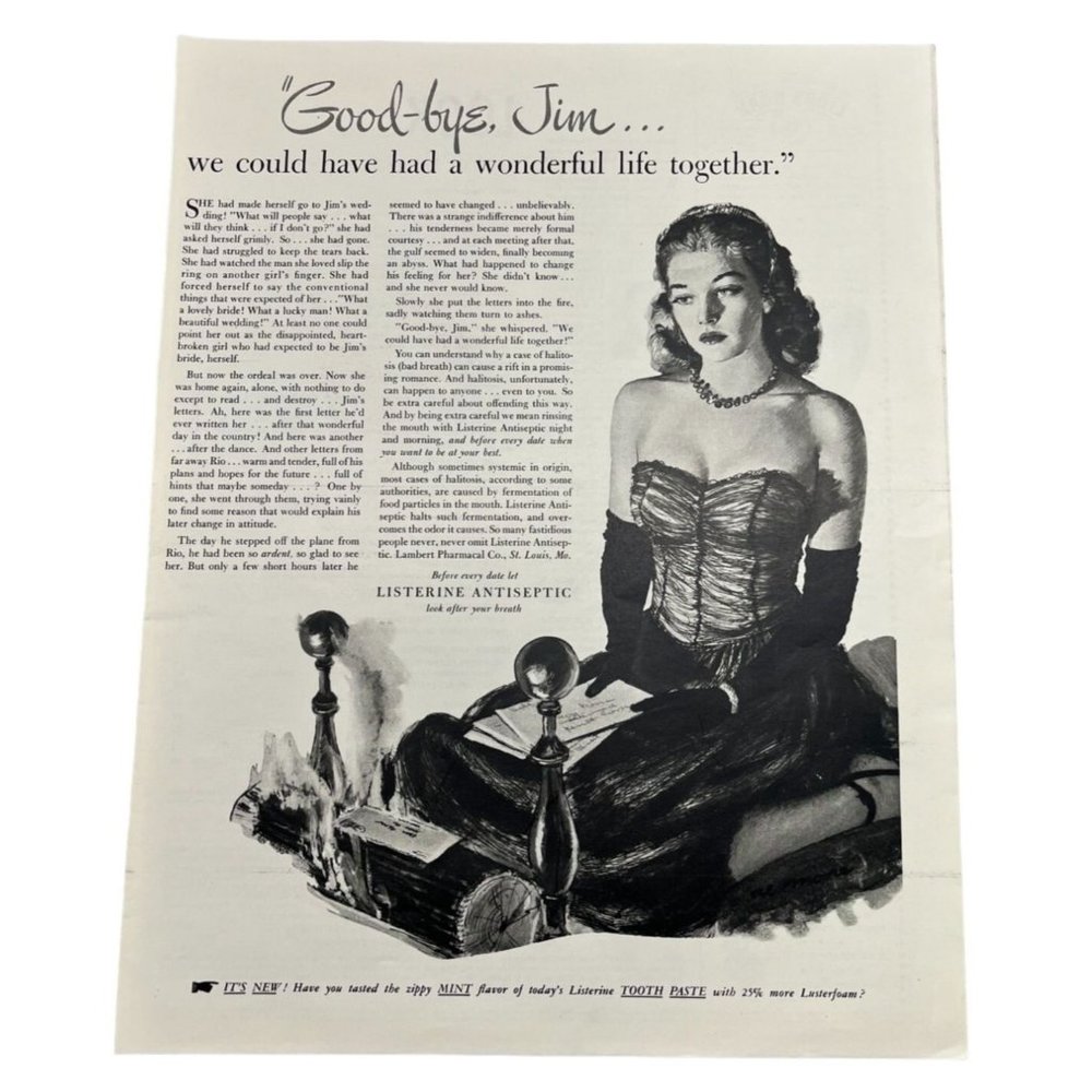 Vintage 1948 Listerine Mouthwash Toothpaste Print Ad Sexy Woman Goodbye Jim